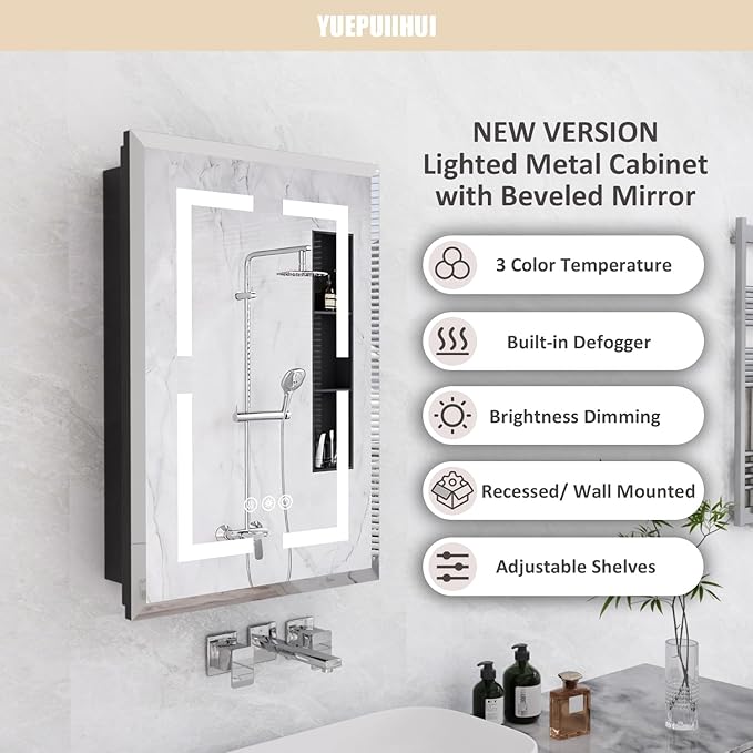 16X24 Inch Bathroom Medicine Cabinet, Adjustable 3-Color Brightness Dimming LED Mirror Recessed, Black