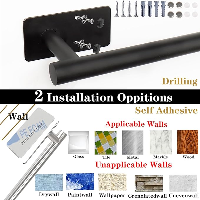 Self Adhesive Bath Towel Bar, Stainless Steel Towel Racks for Bathroom Sticky & Wall Mounted Install Towel Holder,Heavy Duty Towel Rod Rustproof Towel Hanger for Bathroom(Brushed Nickel,24In)