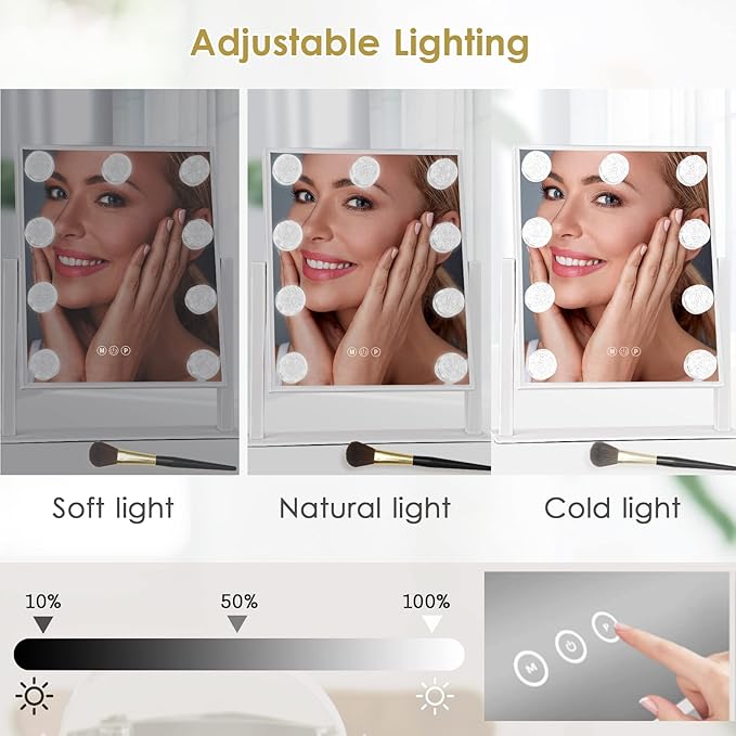 BWLLNI Vanity Mirror with Lights, Hollywood Lighted Makeup Mirror with 3 Color Modes and 9 Dimmable Diamond LED Light Bulbs, Detachable 10X Magnification, 360° Rotation, Touch Control, White