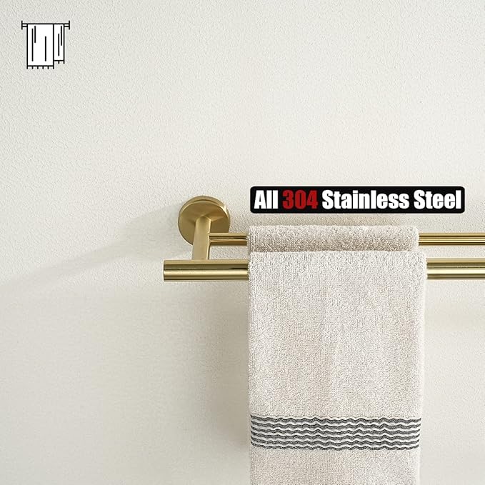 JQK Double Towel Bar 27 Inch, Brass Gold Useable Length 24 Inch 304 Stainless Steel Thicken 0.8mm Bath Towel Rack for Bathroom, Towel Holder Wall Mount 2 Pack, TB100L24-BG-P2