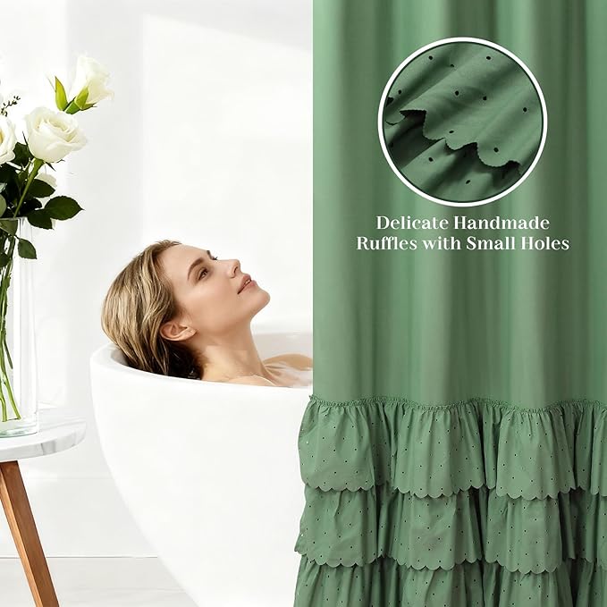 Adjustable Bow-Tie Top Green Ruffle Shower Curtain for Girls Women, Delicate Fabric Shower Curtain with Handcrafted Ruffles and Small Holes, Waterproof Ruched Farmhouse Bathroom Curtain, 72"W x 72"H