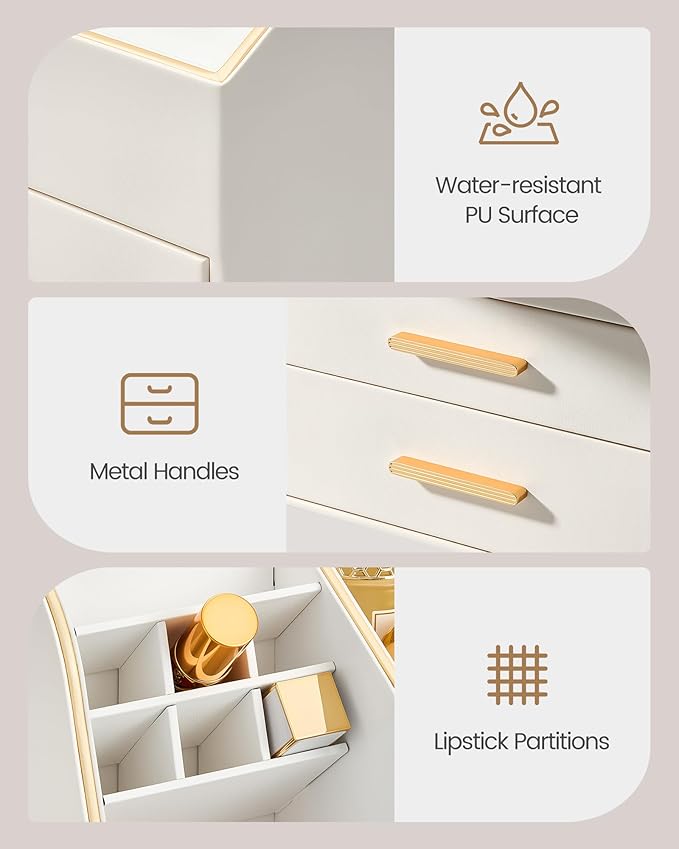 Lolalet Makeup Organizer with Drawers, PU Leather Spacious Skincare Holder Lipsticks Perfume Brushes Beauty Essentials Display Case for Vanity Dresser Countertop Bathroom Easy to Clean -Cream