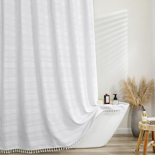 OVZME Extra Long White Shower Curtain 96 Inch Long, Boho Chic Textured Soft Fabric Heavy Duty Cloth Bathroom Shower Curtain with Tassel, Tall Farmhouse Luxury Bath Decor, 72Wx96L Inches