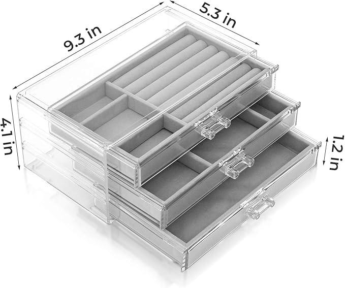 DOZZZ Acrylic Jewelry Organizer Box with 3 Drawers, Clear Earring Storage Display Case Holder with Adjustable Velvet Trays for Rings Necklace Bracelet Women