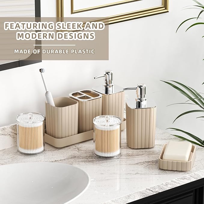XLHOMO Bathroom Accessories Set - Gorgeous Beige Bathroom Set, 10PC Bathroom Accessory Set, Toilet Brush, Trash Can & Soap Dispenser