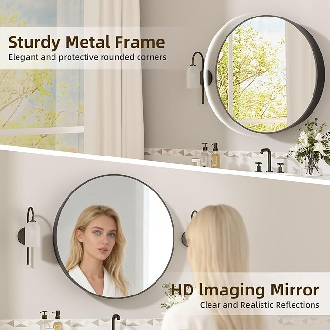 30 x 30 Inch Round Black Mirror Medicine Cabinet Surface Mounted, Circular Modern Bathroom Medicine Cabinet with Mirror, Metal Framed Medicine Cabinets with Tempered Glass Mirror