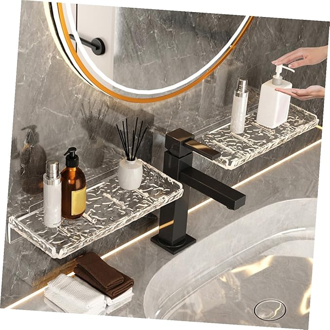 2pcs Floating Wall Shelves Bathroom Storage Rack Transparent Wave Pattern Strong Mounted Organizer for Shampoo Toothbrush and Kitchen Seasoning Holder