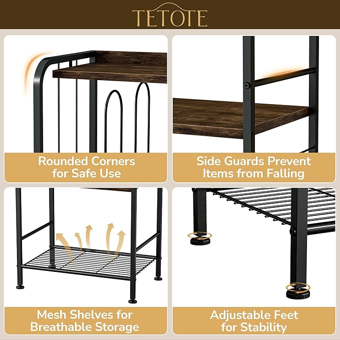 TETOTE 4-Tier Towel Rack, M-Shaped Detachable Dividers Towel Shelf with Hooks for Bathroom, Free Standing Pool Towel Holder Space-Saving Organizer, Rustic