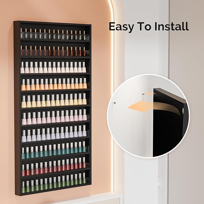 OmySalon Nail Polish Organizer Wall Mount - Holds 200 Bottles with Acrylic Barrier, Salon Display Rack for Home Spa & Nail Studio - Assembly Required, Wooden Polish Storage (Black, 10-Tier)