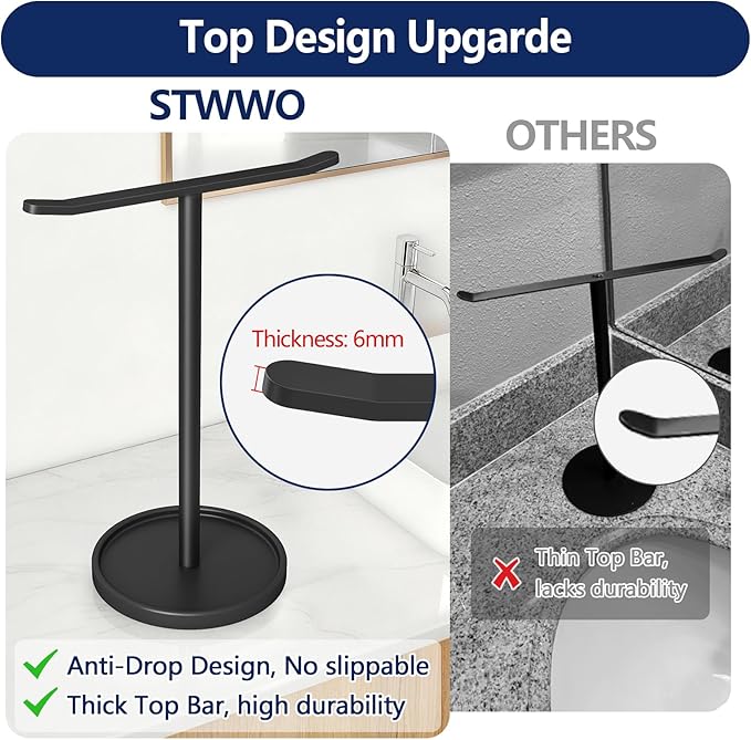 STWWO Hand Towel Holder, Stainless Steel Towel Holder Stand for Bathroom, Kitchen Countertop, T-Shaped Hand Towel Rack Stand, Black