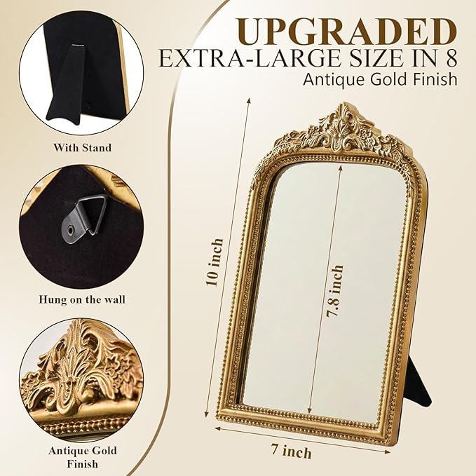 10" x 7" Small Gold Mirror for Desk, Vintage Ornate Antique Vanity Mirror, Baroque Desktop Standing Mirror, Aesthetic Room Decor