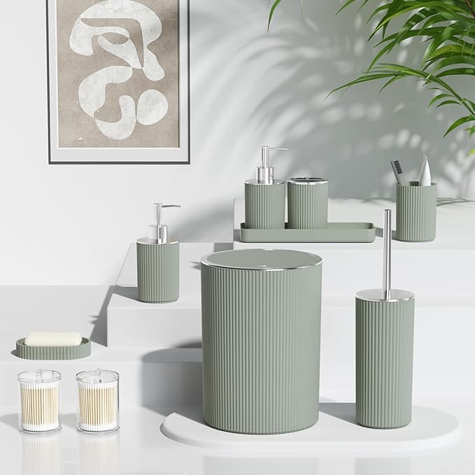 Sage Green Bathroom Accessories Set, 10PC Bathroom Set, Bath Accessory with Pop Up Trash Can, Soap Dispenser, Toilet Brush, Toothbrush Set Qtip Holders & Tray