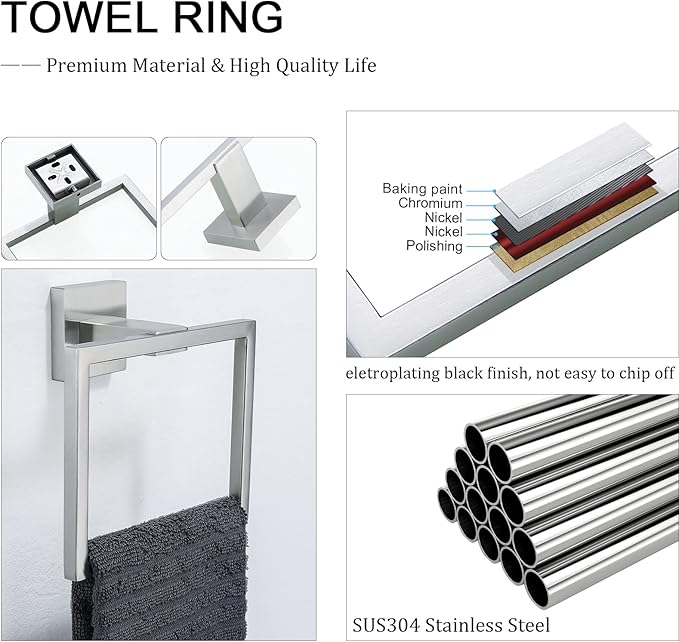 TNOMS Brushed Towel Ring Modern Square Hand Towel Bar,Towel Holder for Bathroom,Wall Mount Stainless Steel