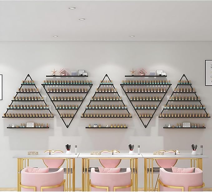 Wall-Mounted Nail Polish Rack, Set of 10 Triangular Gold Nail Polish Shelf 5-Tier Lipstick Perfume Cosmetic Display Shelf for Home Spa Nail Salon Shop