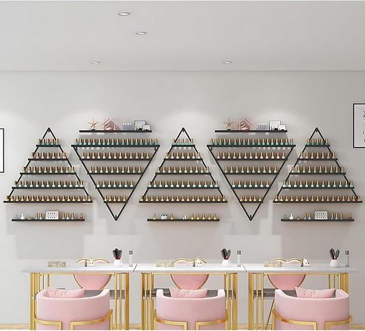 Wall-Mounted Nail Polish Rack, Set of 10 Triangular Gold Nail Polish Shelf 5-Tier Lipstick Perfume Cosmetic Display Shelf for Home Spa Nail Salon Shop