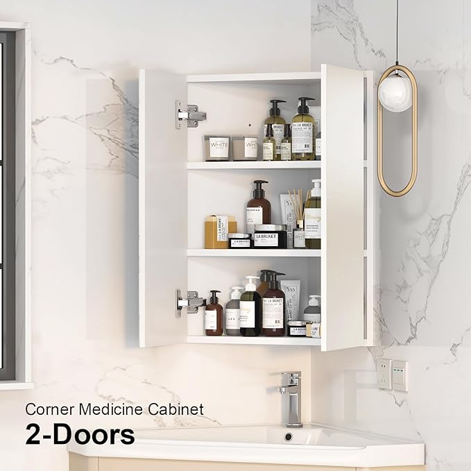 Corner Medicine Cabinet with Mirror,Bathroom Corner Mirror Cabinet with 2 Doors,Medicine Cabinet Wall Mounted for Small Space,2 Fixed Shelves,White,24" x18"