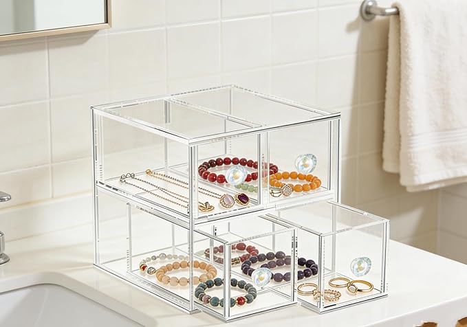 HESIN Clear Acrylic Makeup Organizer with 2 Drawer Trays, Cosmetic Storage for Bedroom, Bathroom, Countertop, Dresser (Medium, 2)