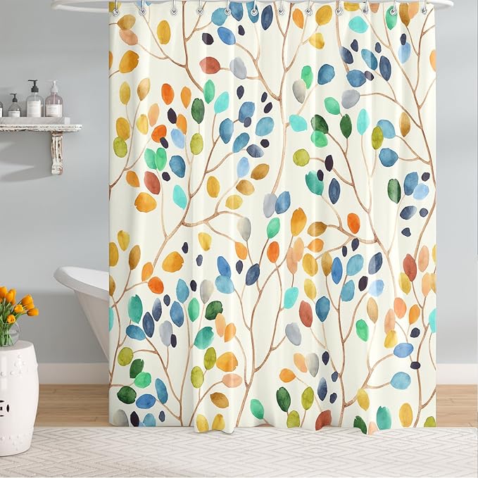 Colorful Leaves Shower Curtains 72x72 Inch, Waterproof Fabric Watercolor Floral Stylish Bathroom Shower Curtain with Hooks