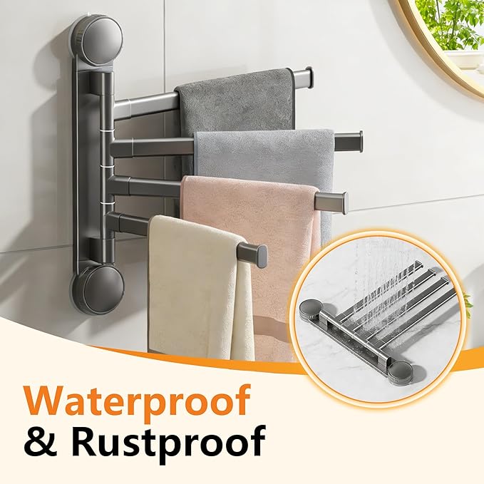 Aluminum 4-Arm Towel Bar - Suction Cup Towel Rack, Swing Out Rustproof Towel Racks for Bathroom & Kitchen, Space Saving