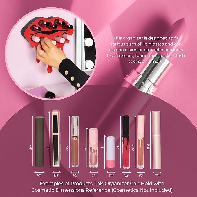 MAKEUP IN PLACE Fearless Lip Lipstick Organizer - Acrylic Lipstick Holder and Organizer for Women Patented Wall Mounted Minimalistic Design Saves Time - Holds 10 Items (Red Shimmer)
