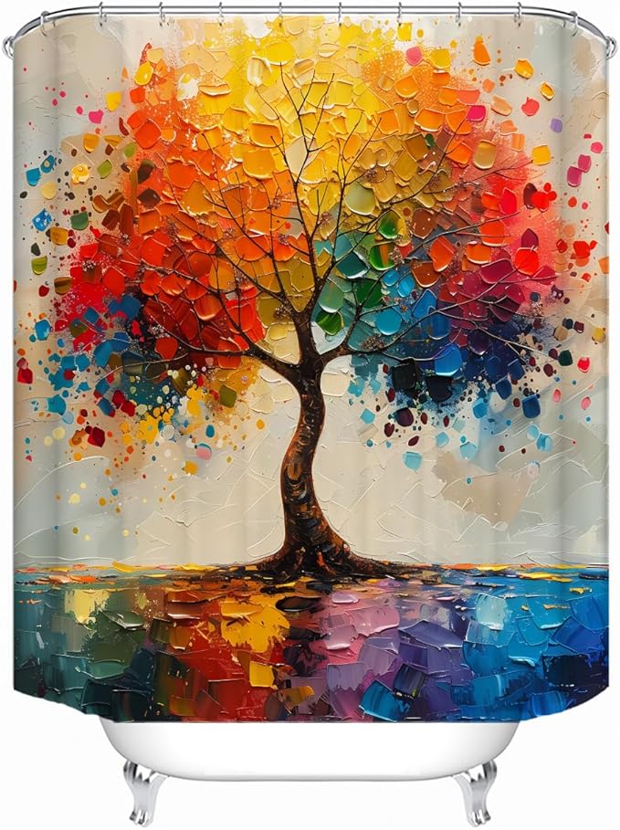 Shower Curtains, with A Unique Oil Painting Tree Theme and Bright Colors, Brings an Artistic Atmosphere to The Bathroom. The 72x79 Inch Fabric Shower Curtain Comes with 12 Hooks.