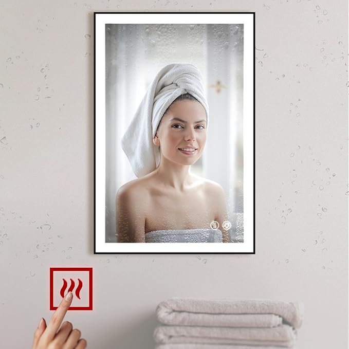 30x20 Inch LED Bathroom Mirror with Lights, Black Frame - 3 Color Modes, Touch Dimmer, Anti-Fog - Wall Mount Lighted Vanity Mirror for Makeup, Dressing Room - Fab Glass and Mirror