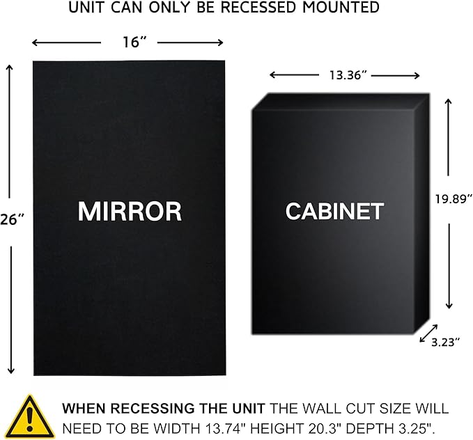 TEHOME Recessed Mount 16x26'' Squared Rectangle Silver Bathroom Medicine Cabinet with Mirror Silver Metal Framed Rectanglular Medicine Cabinet 2 Adjustable Glass Shelves