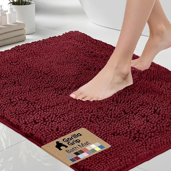GORILLA GRIP Bath Rug Mat 44x26, Soft Absorbent Chenille, Quick Dry Microfiber Mats, Rubber Backing Washable Shower Floor Rugs, Bathmat Runner, US Designed Bathroom Home Decor Accessories Burgundy