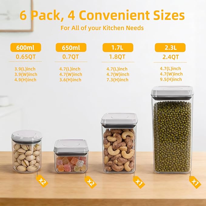 6 Pcs POP Container Set, Airtight Food Storage with Lids, Push Button Seal BPA-Free Set for Pantry, 0.65QT/0.7QT/1.8QT/2.4QT for Bulk Dry Food, Cereal, Flour, Sugar, RV Kitchen Storage