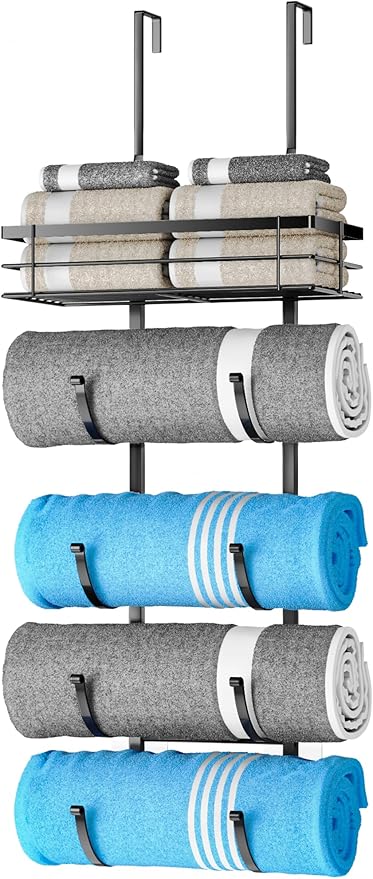 Over The Door Towel Rack, 5-Tier No Drill Towel Storage Organizer with Metal Shelf, Hanging Bath Towel Holder for Small Bathroom, Camper, Rv, Black
