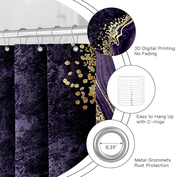 4PCS Purple Gold Marble Shower Curtain Sets with Rugs, Abstract Bathroom Sets with Shower Curtain and Rugs, Modern Bathroom Curtains Shower Set with Accessories for Bathroom Decor