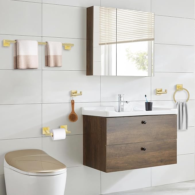 Brushed Gold Towel Bar Set, 5 Pieces Double Dase Toilet Paper Holder Bathroom Hardware Set, 23.6 Inch Stainless Steel Towel Racks for Bathroom Wall Mounted