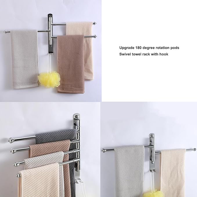 Bathroom Towel Rack Swivel Hanger Towel Bar Wall Mounted Space Saving Storage Organizer Hanging Holder 12 Inch (Stainless Steel, Bright Silver 4-Arm)