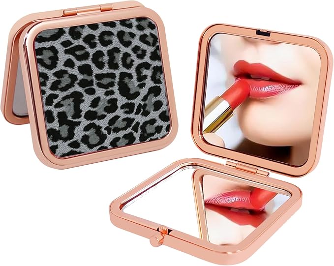 Cheetah Leopard Black Print Foldable Travel Pocket Mirror Square Metal Portable Mini Makeup Double Sided Handheld Magnifying, 2.8 in