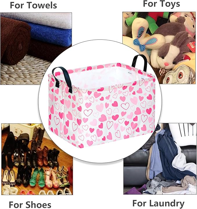 MAIZMZ Girls Gift Basket Heart Print Storage Cube for Women, Closet Shelf Organizer Bins Empty Gift Basket with Handles Nursery hamper Kids Toys Books Box Room Deco