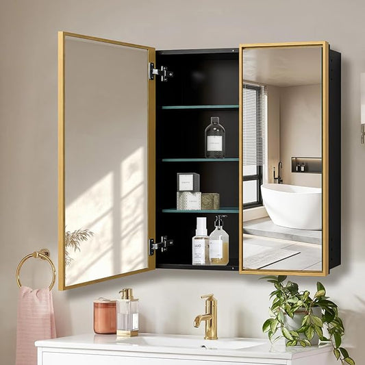 Medicine Cabinet with Aluminum Framed Mirror,36"x32" Surface Mount or Recessed Mount Bathroom Vanity Mirror,Single Door Bathroom Mirror with Storage Cabinet