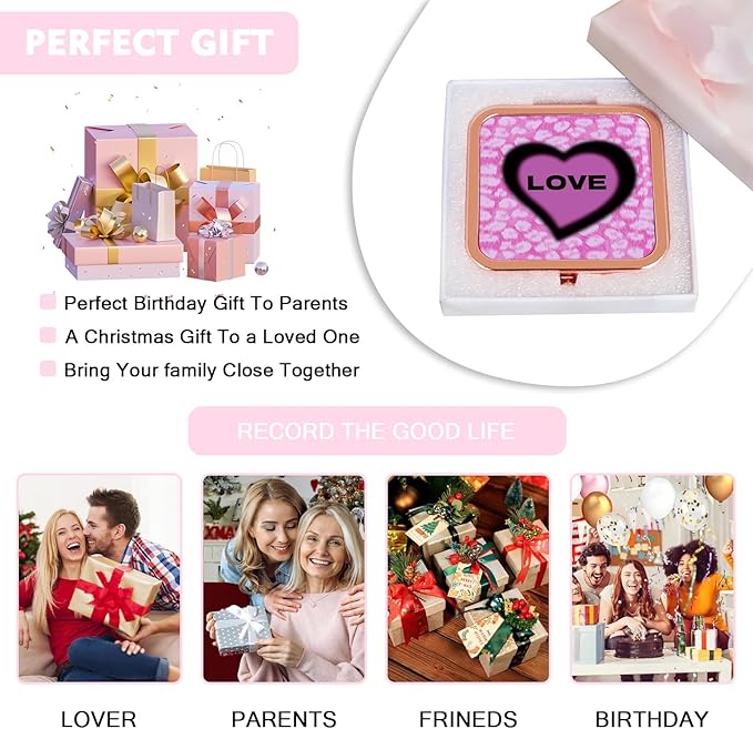 Pocket Mirror Mini Travel Makeup Purse Compact Accessories Beauty Magnifying Double Sides Mirror Portable Handheld Folding for Women Girls Rose Gold Pink Heart