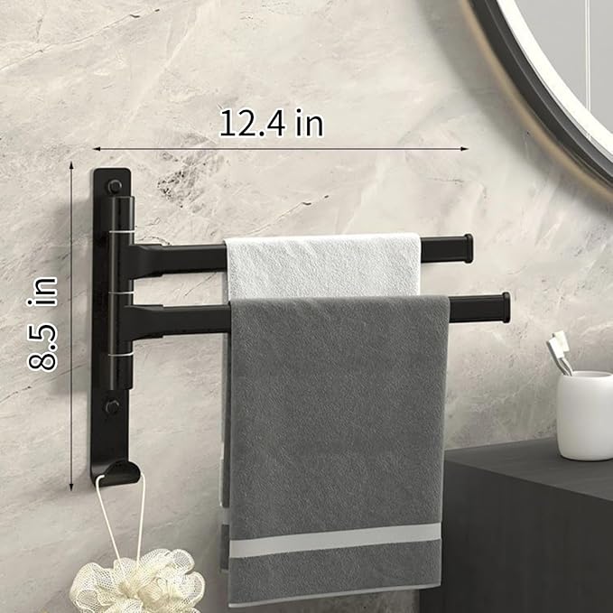 2-5 Arms Swivel Towel Rack Bath Towel Holder with Hook Swing Arm Towel Rack Wall Mount for Bathroom Kitchen-Black 2Arm