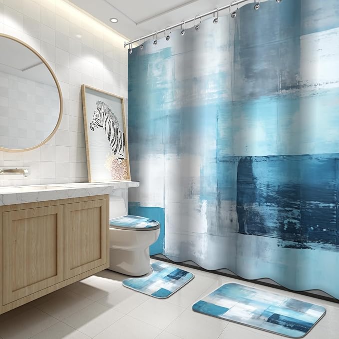 Lnond 4Pcs Bathroom Shower Curtain Sets with Rugs,Turquoise White Painting Art Bathroom Sets with Shower Curtain and Rugs and Accessories