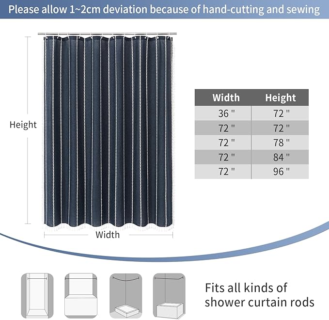 MitoVilla Boho Farmhouse Shower Curtains for Modern Farmhouse Bathroom Decor, Navy Country Thick Polyester Linen Fabric Shower Curtain, Rustic Tassel Cloth Shower Curtain, 72 x 72, Navy