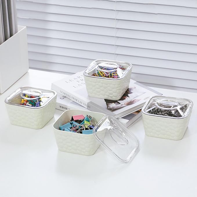 FABROK 4 Pack Hair Accessory Organizer, Clear Hair Tie Holder with Lids, Desk Organizer Case for Hair Tie, Cotton Swab, Cables, Stationery(Cream)