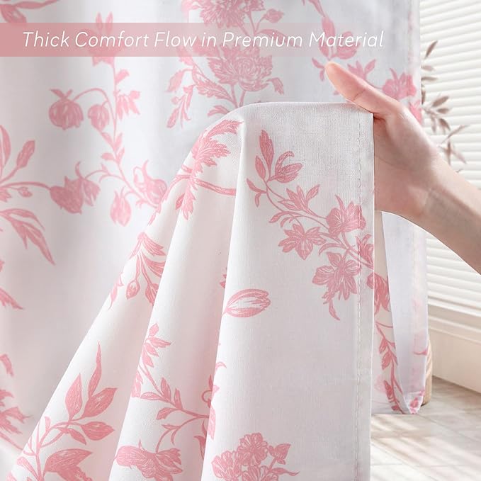 Pink Floral Shower Curtain,Vintage Cotton Cottagecore Shower Curtains for Bathroom, 60" W x 72" L