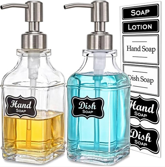 JASAI 2Pack Antique Design Glass Soap Dispenser with Rust Proof 304 Stainless Steel Pump, Refillable Hand Soap Dispenser with 10Pcs Stickers, Premium Soap Dispensers for Kitchen & Bathroom (Clear)