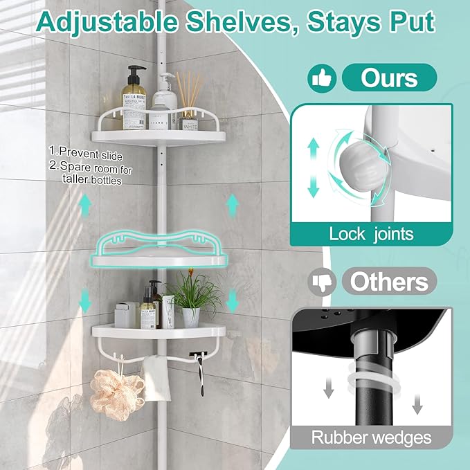Corner Shower Caddy:125" Adjustable Inside Tension Shower Organizer Tension Pole,Rustproof Bathroom Organizer Shelves for Bathtub Shampoo Conditioner Storage,Floor to Ceiling Standing Showering Rack