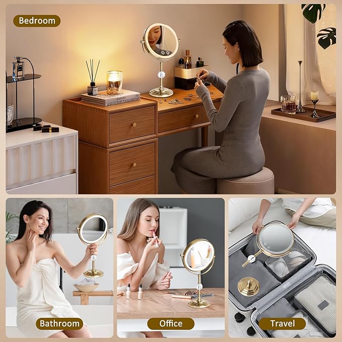 Lighted Makeup Mirror,4000mAh Rechargeable Double Sided Magnifying Mirror 1x/10x with 3 ColorsStepless Dimming, 360° Rotation Vanity Mirror with Lights, Memory Function,Gold