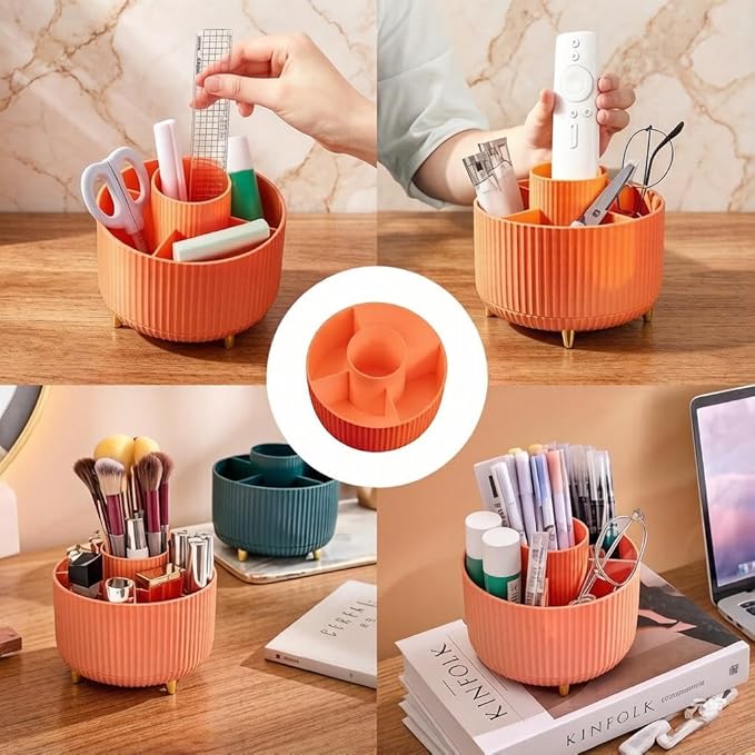 Makeup Brush Holder,360° Rotating Makeup Brush Organizer,5 Slot Make up Brushes Cup for Cosmetics,Large Capacity,For Nail Polish, Art Supply, Bathroom Vanity,Cosmetics Organizer,Orange