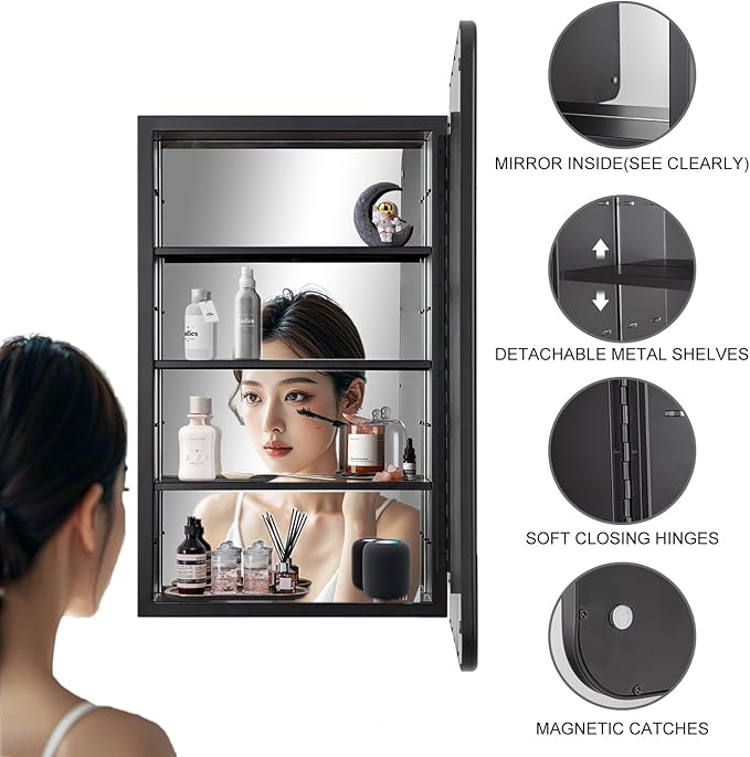 Black Bathroom Medicine Cabinet with Mirror 17 x 27 Metal Frame Recessed Or Wall Mounted Single Door Storage Medicine Cabinets with Adjustable Shelves Rounded Corner Beveled Mirrors