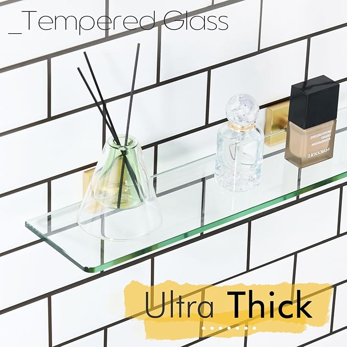 KOKOSIRI Wall Shelves 12 Inches Tempered Glass Shelf Floating Rack for Kitchen Storage Home Decor Bathroom Hardware, Gold Stainless Steel B1107BG-L12