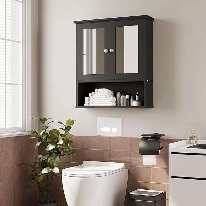 Meilocar Bathroom Wall Cabinet with Mirror, Bathroom Mirror Cabinet Wall Mounted, Over Toilet Medicine Cabinets with Adjustable Shelf, Large Capacity, Black