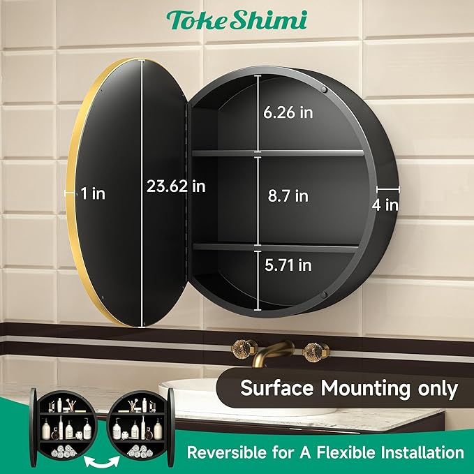TokeShimi 24 Inch Round Bathroom Medicine Cabinet with Mirror Surface Mount Only Circular Gold Framed Farmhouse Medicine Cabinets for Wall Small Circle Mirrored Bath Cabinet with Vanity Mirror